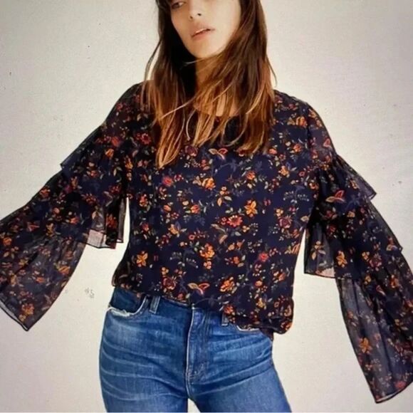 Madewell Floral Blouse - Navy and Orange - Picture 1 of 5